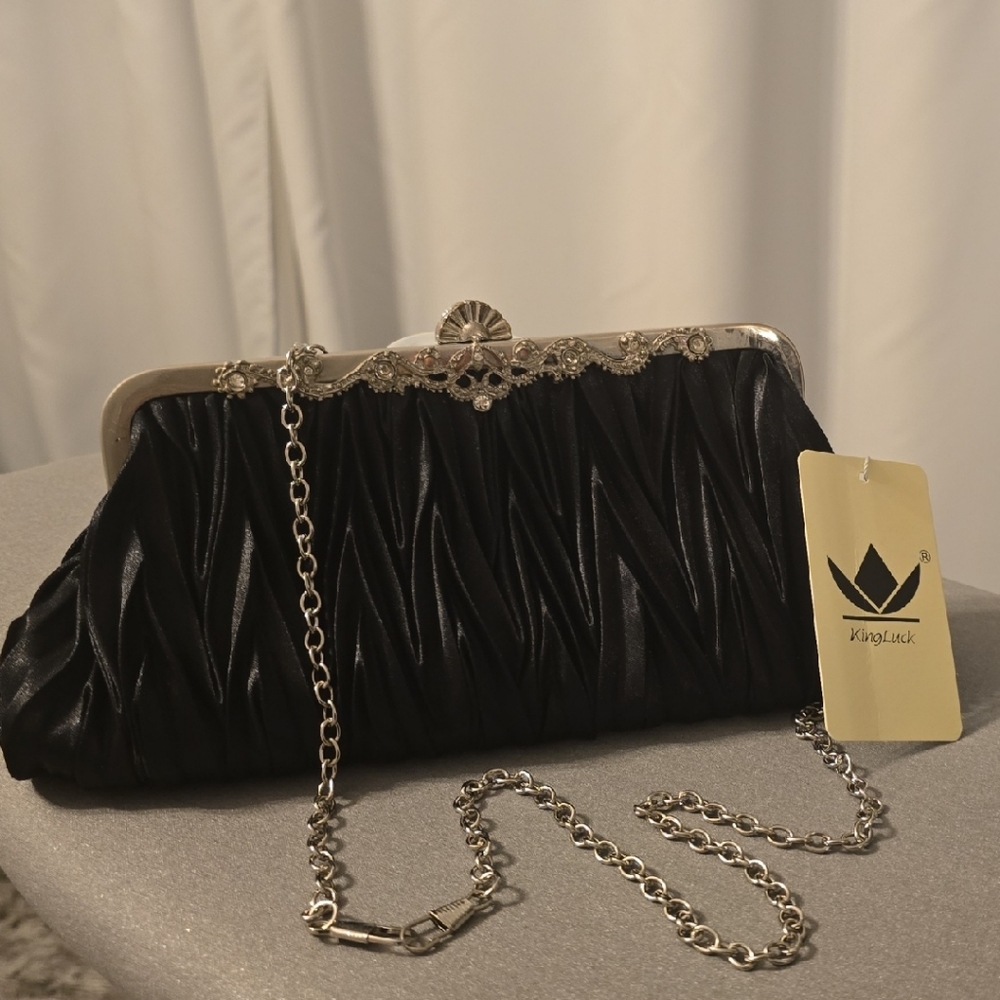Kipling Black Satin Clutch with Silver Chain